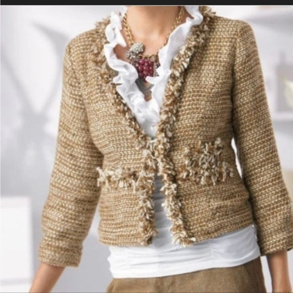 CAbi Phoebe Metallic Tweed Fringe Blazer. Gold. Medium